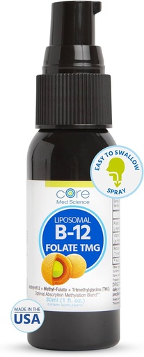 [BRSWYCTQDEHQAFLV] Ciencia do núcleo Med Liposomal B12 Folate TMG Spray Suplemento líquido para mulleres e homes - soporta humor, cognitivo, e saúde cardíaca - Vitamina B9 e betaína para niveis de homocisteína e ciclo de metilación, 1 Fl Oz