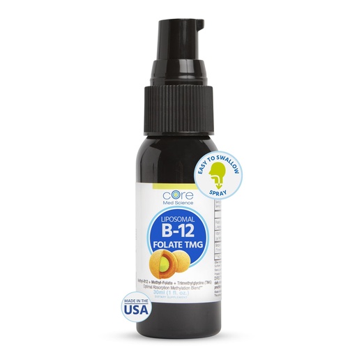 [BRSWYCTQDEHQAFLV] Core Med Science Liposomal B12 Folate TMG Liquid Spray Supplement for Women & Men - Supports Mood, Cognitive, & Heart Health - Vitamin B9 & Betaine for Homocysteine Levels & Methylation Cycle, 1 Fl Oz