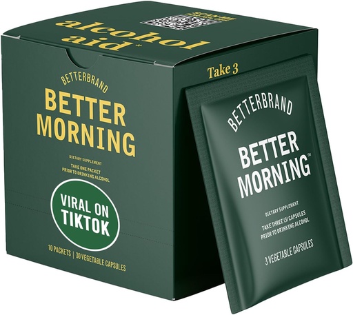 [BRSRMAYKCQHRAETX] Betterbrand BetterMorning All-Natural Ingredients, sh DHM | Ennetab peavalu ja iiveldust ning toetab maksaabi | Gluteenivaba, taimetoitlane (10x üksik Serving Packets)