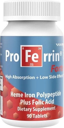 [BRSWI2T4BQOQEE3C] Proferrin Forte-12mg високої поглинання Heme Iron Polypeptide. Легко на Gut. 90 таблеток. 1мг фолієвої кислоти для допомоги у виробництві червоної крові. Не впливає Кава, Кальцій або PPI.
