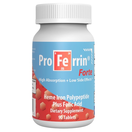 [BRSWI2T4BQOQEE3C] Proferrin Forte-12mg of high Absorbing Heme Iron Polypeptide. Easy on the Gut. 90 Tablets. 1mg of Folic Acid to aid in red Blood Cell Production. Not affected by Coffee, Calcium, or PPI's.