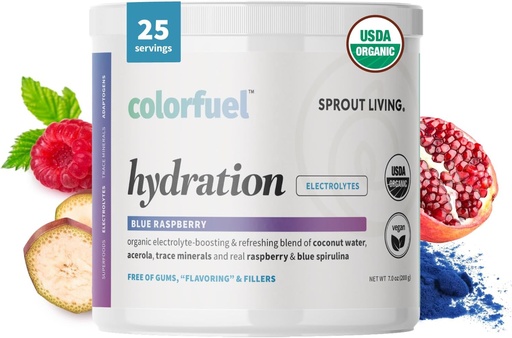 [BRSRAH3QBB5QAGYU] Sprout Living, Colorfuel Hydration Powder Drink Mix, Organic Superfoods + Adaptogens | Hydration & Recovery, Electrolytes, Himalayan Pink Salt, Blue Spirulina, Blue Raspberry Flavor (25 Servings)