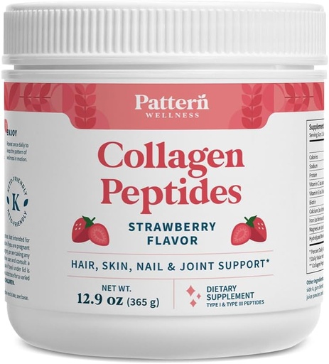 [BRSROBQ3ORYGKETA] Pattern Wellness Poudre de peptides de collagène (Type I et III) - Cheveux, ongles, peau et soutien articulaire - Graisse et pâturage - Hydrolysés, non OGM, sans produits laitiers, et amis des céto - Fraise (13 Oz)