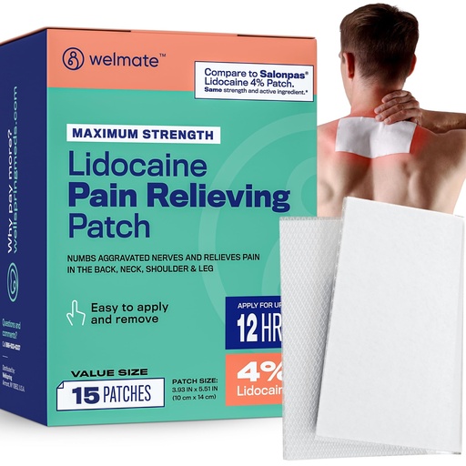 [BRSRMAD5AUCWGGQ2] WELMATE 4% Lidocaine Pain Relief Patches Maximum Strength - 15 Count, Up to12 Hours Relief for Back, Neck, Shoulder, Knee - Numbing Patch, Odor Free, Flexible Adhesive, 3.9" x 5.5"