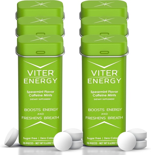 [BRSWKFI2PIHWGED4] Viter Energy 40mg Caffeine Mints - Sugar Free, B Vitamins, Vegan, Boosts Fast Energized Alert Focus, Caffeinated Nootropic Supplement Pills (Spearmint Flavor, 20pcs, 6 Pack, 120pcs Total)