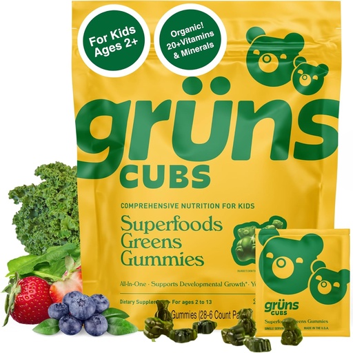 [BRSRAEIYO4NWODTV] Gruns Multivitamin gyerekeknek, Super Greens Gumies, Superfood Gumi Bears 20 + Vitaminok & Ásványok, Spirulina, Chlorella, Prebiotics Fiber Digestive Health, Adaptogens kiegészítés, 28 napos ellátás