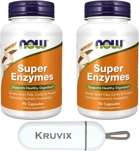 [BRSRAGIYDF6RSAI3] NOW Foods Supplements, Super Enzymes | Formulated with Bromelain, Ox Bile, Pancreatin and Papain, Super Enzymes | 90 Capsules - Pack of 2 with Pill Organizer