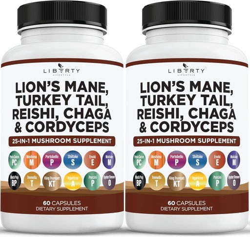 [BRSRAZ35CAIAACLD] Lions Mane Mushroom Supplement with Turkey Tail Reishi Cordyceps Chaga with Marshmallow Root - 2-Pack
