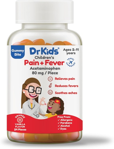 [BRSROEI2CQHA42QY] Dr. Kids 's Pain and Fever Bite - Acetaminophen yang dikunyah oleh Anak-anak pada tahun 2- 11, Precitated Soft Chews for Headache, Sore Throat, Cold and Flu, Orange Vanilla Flavor, 24 Count (Paket 1)