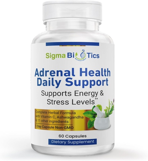 [BRSRAH35CQMRMEL5] Sigma Biotics Adrenal Health Daily Support - Adrenal Support Supplement with Adaptogenic Herbs, Vitamins, and Amino Acids - Non-GMO Adrenal Complex for Energy and Vitality - 60 Capsules