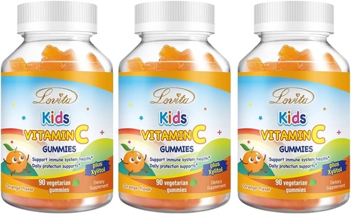 [BRSROZYKCQGR4H3U] Lovita Vegan Vitamin C Gummies for Kids, Great Tasting Plant-Based Formula, Immune Function Support with Vitamin C 150mg per Daily Servings & Xylitol, Natural Orange Flavored, 90 Gummies (Pack of 3)