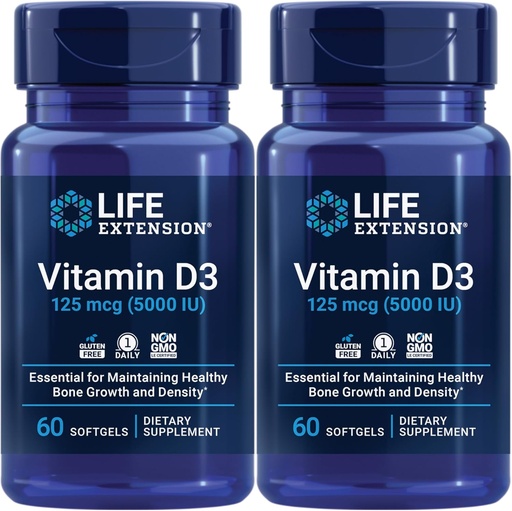 [BRSRMAT3CEHWEF3G] Life Extension Witamina D3 125 Mcg (5000 Iu) - Promotes Bone Health, Brain Health and Immune Function - Non-GMO - Gluten- Free - Two Pack - 2 x 60 Softgels