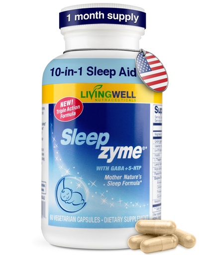 [BRSW2FI6DEBBGYLZ] Sleepzyme Sleep Aid for Calm and Relaxation – Melatonin, GABA, 5-HTP, Valerian Root, Magnesium, L-Theanine, Lemon Balm, and Hops for Stress Relief, Quality Sleep, and Energized Mornings – 60 Capsules
