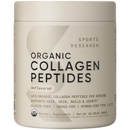 [BRSRO2T7CEPRUCL6] Sports Research® Organic Collagen Peptides - Hydrolyzed Type I & III Collagen Protein Powder Made Sustainably from Grass-Fed Cows - USDA Organic· Non-GMO · Gluten Free - Unflavored, 30 Servings