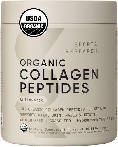 [BRSRO2T7CEPRUCL6] Sports Research® Organic Collagen Peptides - Hydrolyzed Type I & III Collagen Protein Powder Made Sustainably from Grass-Fed Cows - USDA Organic· Non-GMO · Gluten Free - Unflavored, 30 Servings