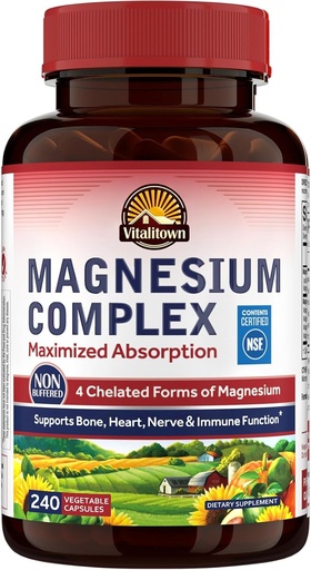 [BRSRAGLQAF7R6HQ2] Vitalitown Magneziu Supliment 500mg, Absorbţie Maximizată, NSF Certified Magneziu Glicinat Chelated, Malate, Taurate & Citrate pentru Somn, Energie & Inimă, Vegan, Non-GMO 240 Caps