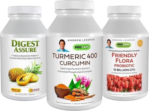 [BRSW2HT4OQHBOA3K] ANDREW LESSMAN 3 Product Digestive Bundle - 30 Capsules Each of Turmeric 400 Curcumin, Digest Assure & Ultimate Friendly Flora. Support & Enhance Healthy Digestive Processes.