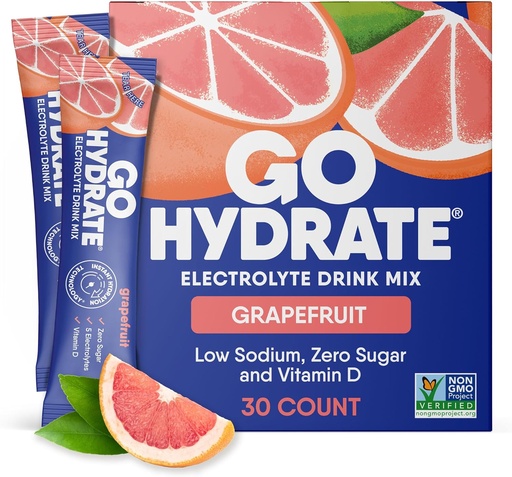 [BRSRAYD2OB7WODY4] GoHydrate Lavnatrium Electrolytes Powder Pacets Sugar Free - Instant Hydration Daily Drink Mix - Zero Sugar Water Flavor Packet Singles med D-vitamin - (Grapefrugt, 30 pakker)