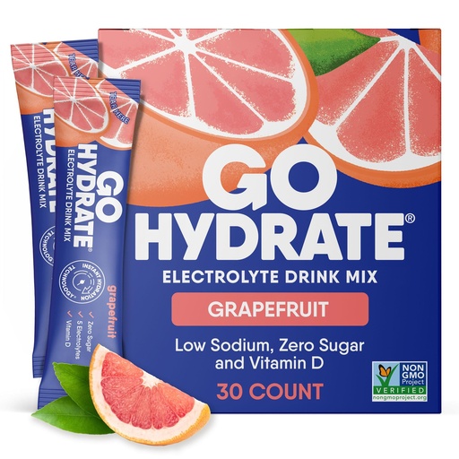 [BRSRAYD2OB7WODY4] GoHydrate Low Sodium Electrolytes Powder Packets Sugar Free - Instant Hydration Daily Drink Mix - Zero Sugar Water Flavor Packet Singles with Vitamin D - (Grapefruit, 30 Packs)