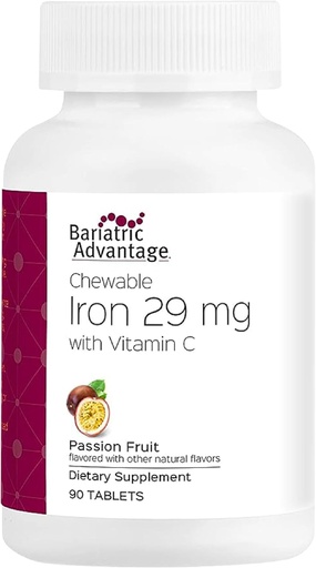 [BRSWIYIFA56QGDTM] Bariatric Advantage Chewable Iron 29 mg - Bariatrik Cerrahi Hastaları için - Demir C Vitamini - Demir Tadı - Ferrous Fumarate & Carbonyl Iron Supplement - Tutku Meyvesi - 90 Count