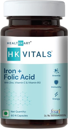 [BRSW2GQEC4MGK33X] Iron + Folic Acid Supplement, with Zinc, Vitamin C & Vitamin B12, Supports Blood Building, Immunity and Energy, 60 Iron Folic Acid Tablets