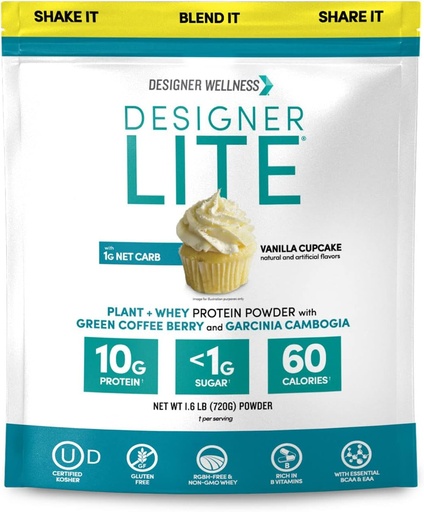 [BRSW2BQHA55A43TF] Designer Wellness, Designer Lite, Low Calorie Natural Protein, Prebioottikuitu, Key Vitamiinit & Minerals, Vanilla Cupcake, 25,6 Ounces
