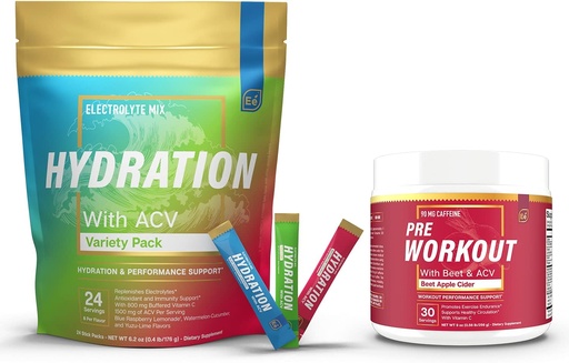[BRSW2FA7BYHAOEY7] Sugar Free Hydration Powder Packets Variety - 24 Stick Packs & PreWorkout Powder with ACV | Heat, Exercise, Travel, Daily Hydration + Superfood Energy & All-Natural Nitric Oxide Booster Plus Caffeine