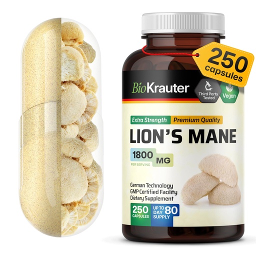 [BRSWGAQQO4IQACIZ] BIO KRAUTER® Lions Mane for Focus Support & Brain Health - Vegan Lion's Mane Mushroom Supplement, Natural Clarity & Immune Support - 1800 mg per Serving, 250 Сapsules, Non-GMO