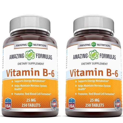 [BRSWGAYLBEHAGD3V] Amazing Formulas Vitamin B6 Pyridoxine 25mg 250 Tablets Supplement | Non-GMO | Gluten Free | Made in USA (2 Pack)