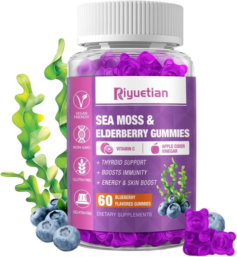 [BRSROGQDBV5RQADX] Sea Moss Gummies & Elderberry - C-vitamin + zink - Styrke Immun & Thyroid Support Booster Gummies Bears til børn og voksne - 60 naturlige Seamoss Gummies