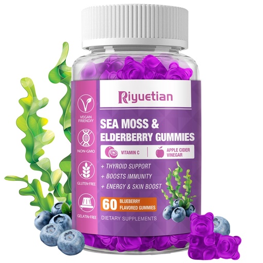 [BRSROGQDBV5RQADX] Sea Moss Gummies & Elderberry - Vitamin C + Zinc – Strength Immune & Thyroid Support Booster Gummy Bears for Kids & Adults - 60 Natural Seamoss Gummies