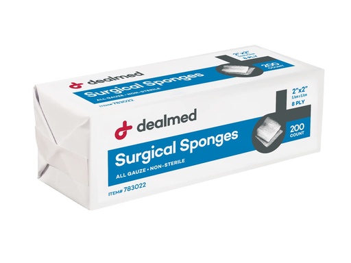 [BRSWKEYCAIJRQFD4] Dealmed 2" x 2" Surgical Sponges, 8-Ply, Non-Woven Absorbent Gauze Sponges for Wound Care, First Aid Kits and Medical Facilities, 200 Count (Pack of 1)