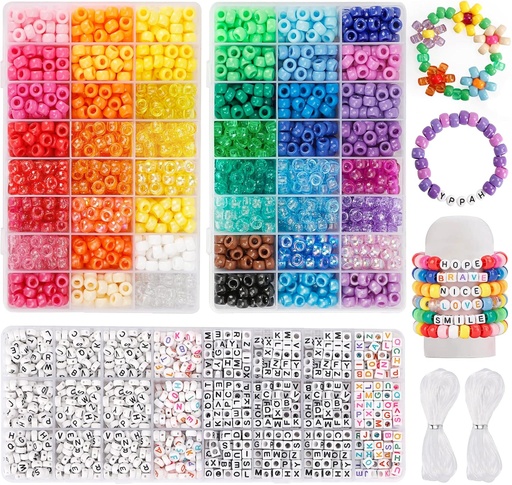 [BRSW2GIEC4MWE2D2] Quefe 3960pcs Pony Beads for Friendship Bracelet Making Kit 48 Colors Kandi Beads Set, 2400pcs Plastic Rainbow Bulk and 1560pcs Letter Beads with 20 Meter Elastic Threads for Craft Jewelry Necklace