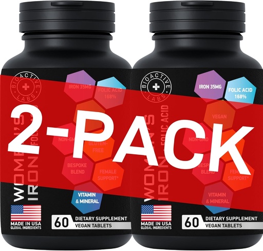 [BRSROZY6PMBRGCDX] Integratori di ferro vegani per le donne con acido folico - 168% acido folico follia, 194% Ferrous Sulfate Blood Builder con anemia e donne incinte - 2-Pack, 120 compresse di ferro senza glutine