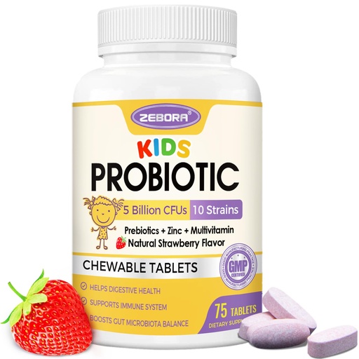 [BRSROAQZCQPRUADZ] ZEBORA Kids Probiotic Chewables for Digestive Health with 5 Billion CFUs, Prebiotics and Probiotics for Kids for Gut Health, Immune Support, Nutrient Absorb, Vitamin C, Zinc, 75 Servings