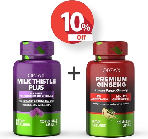 [BRSRMAIPAF7G2CQ7] ORZAX Milk Thistle Plus 120 Vegatable Capsules and Premium Ginseng 120 Vegatable Capsules, Bundle
