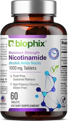 [BRSWKGYNBYGWIH3E] Biophix B-3 Nikotinamīds 1000 mg 60 tabletes Extra Strength Release - Nikotīniskais amīds Niacin Dabīgs bez Pietvīkuma vitamīns Formula - atbalsta ādas šūnu veselību