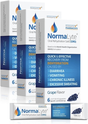 [BRSW2GQYDEFRM3I6] NormaLyte Oral Rehydration Salts-18 Sticks Packs (Yields 500mL per Pack)-Grapes| Energy Supplements, Potassium Supplement, Dehydration Recovery and Quick Absorption