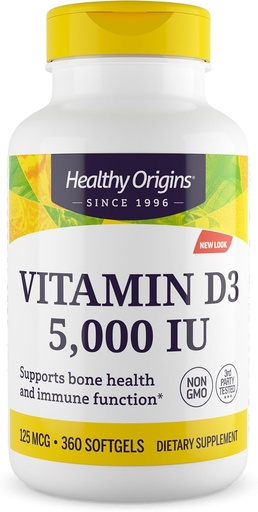 [BRSWIYAFAB4B2F3E] Orígenes saludables Vitamina D3 (Lanolina) 5.000 UI Softgel - Sanidad ósea y apoyo inmunológico Suplemento - Suplementos fácilmente absorbibles de vitamina D - Vitamina libre de gluten D3 Suplemento - 360 Softgels