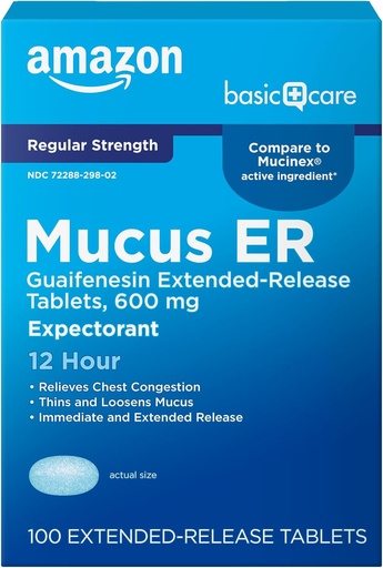 [BRSW2EAOBNYBS33D]   Basic Care Guaifenesin Cough and Mucus Relief Extended-Release Tablets, 600 mg, 12 Hour Expectorant Caplet 100 Count