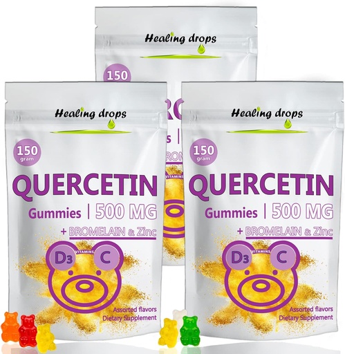 [BRSW2HA7CUCAE3T6] Quercetin with Bromelain Gummies - Vitamin C + Zinc + Vitamin D3 - Quercetin 500mg Gummies for Kids and Adults (3 Packs)