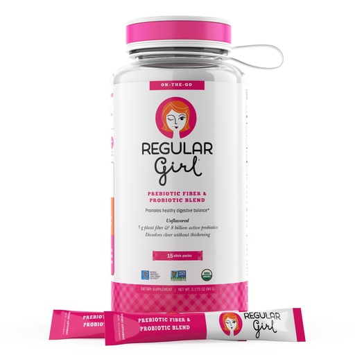 [BRSWECQ6CRYRY232] Regular Girl Organic Powder, Starter Kit, Prebiotic Fiber Supplement and Probiotics for Women, 15 Individual Packets & Bottle, Unflavored, 15 Servings