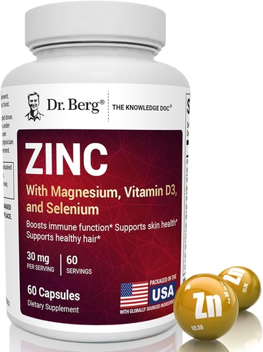[BRSRAFQYA4NAKYI3] Dr. Berg Zinc 30mg Migliorato con Magnesio, Vitamina D3, Selenio, & Copper - Integratori di zinco per Uomini e Donne - Zinco Chelato per Immune, Pelle, Capelli e Ricostruzione Unghie* - 60 Capsule