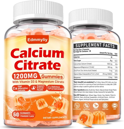 [BRSRAGQRPMCA43A3] Calcium Citrate Supplement Gummies for Adult - Sugar Free Calcium Citrate 1200 Mg med Magnesium 300 Mg & Vitamin D3 - Organic Chewable Calcium Supplements för kvinnor och män