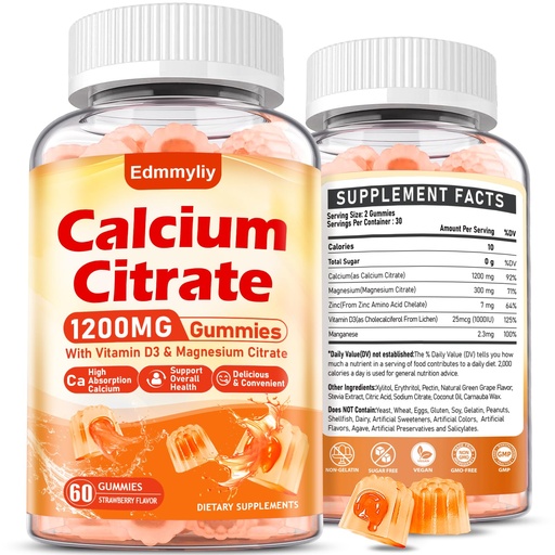 [BRSRAGQRPMCA43A3] Calcium Citrate Supplement Gummies for Adult - Sugar Free Calcium Citrate 1200 Mg with Magnesium 300 Mg & Vitamin D3 - Organic Chewable Calcium Supplements for Women & Men