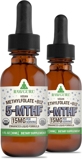 [BRSROGAROYPBEHLF] RawGuru L-Methylfolate 15 mg + Vitamin B12 - Organic Vegan Methylated B12 with Trace Minerals - Nano-Processed & Enhanced Liquid Formula - 300 Servings Vegan Drops per 30 ml, Pack of 2
