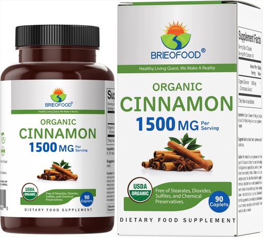 [BRSRMZDQBENQI33B] Brieofood Organic Cinnamon 1500mg, 45 Servings, Vegetarian, Gluten Free, 90 Vegetarian Tablets