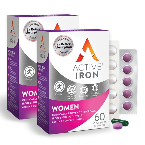 [BRSRMA32DEFQKHLA] Active Iron Supplement 25mg + Multivitamin for Women, Clinically Proven to Increase Iron & Energy Levels, Maximum Absorption, Gentle, Non-Constipating, 60 Capsules + 60 Tablets in On-the-Go Foil Packs