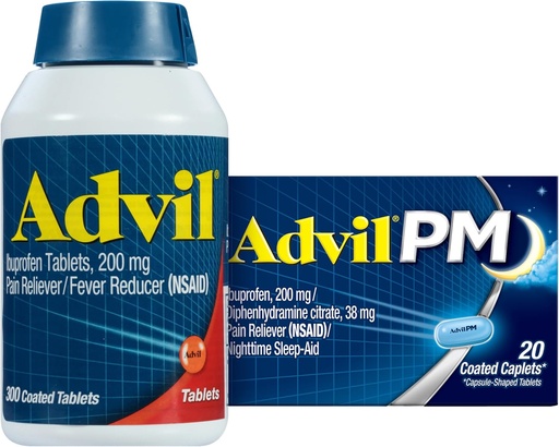 [BRSWYZYOA55Q2ET7] Advil Pain Reliever and Fever Reducer, Ibuprofen 200mg for Pain Relief - 300 Count, Advil PM Pain Reliever and Nighttime Sleep Aid, Ibuprofen for Pain Relief and Diphenhydramine Citrate - 20 Count