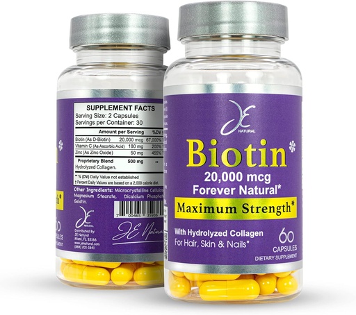[BRSRMBQ6AUHGMETP] JE Natural Biotin Hair Skin and Nails Vitaminas, Vitamina C, Biotina y Suplementos de Collagen que hacen que el crecimiento del cabello sea más rápido y más largo, para todas las edades, 60 cápsulas de Biotin 20000mcg máxima fuerza.